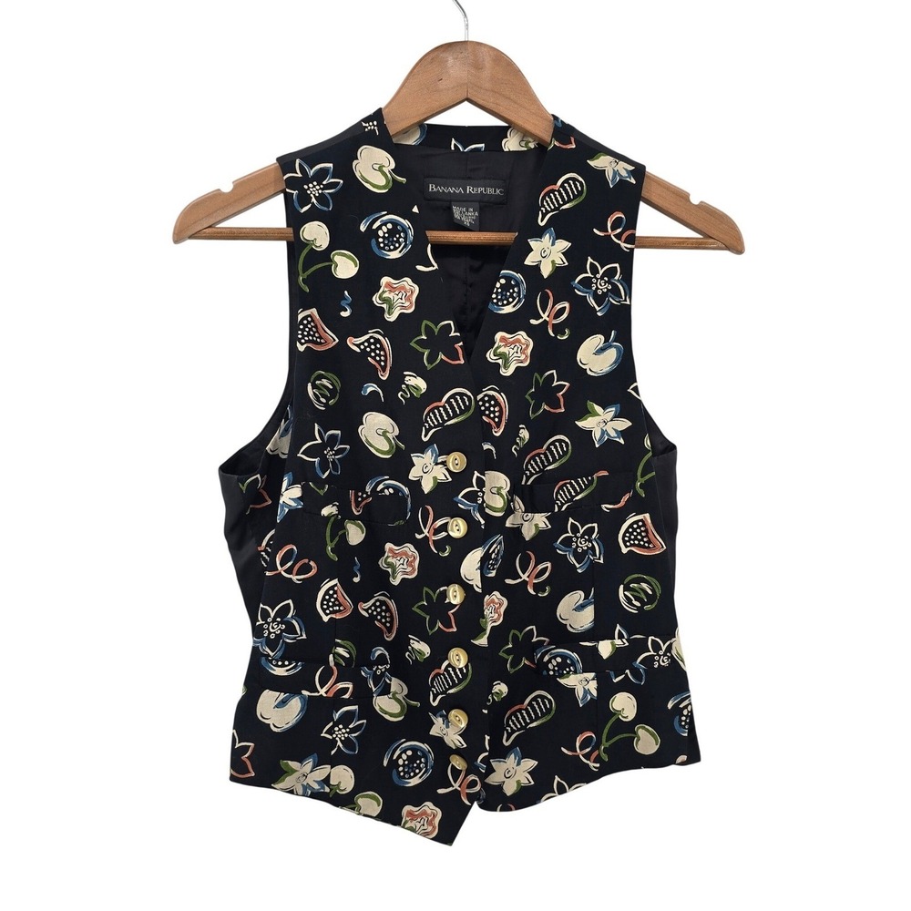 Banana Republic Vest Womens XS Navy Blue Abstract Floral Fruit Rayon Vintage 90s